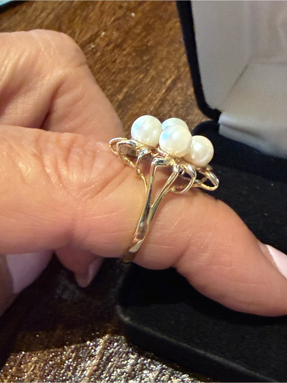 14K Gold Pearl Diamond Cluster Ring